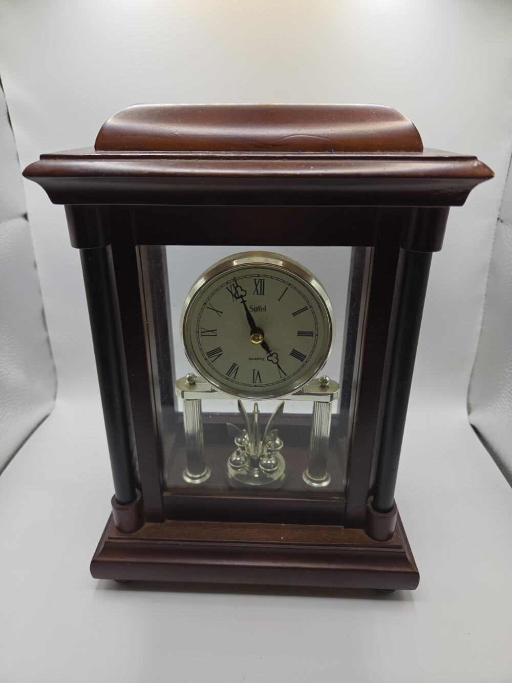 Stiffel Quartz Mantel Clock Rotating Pendulum Wood Glass Case Working Vintage